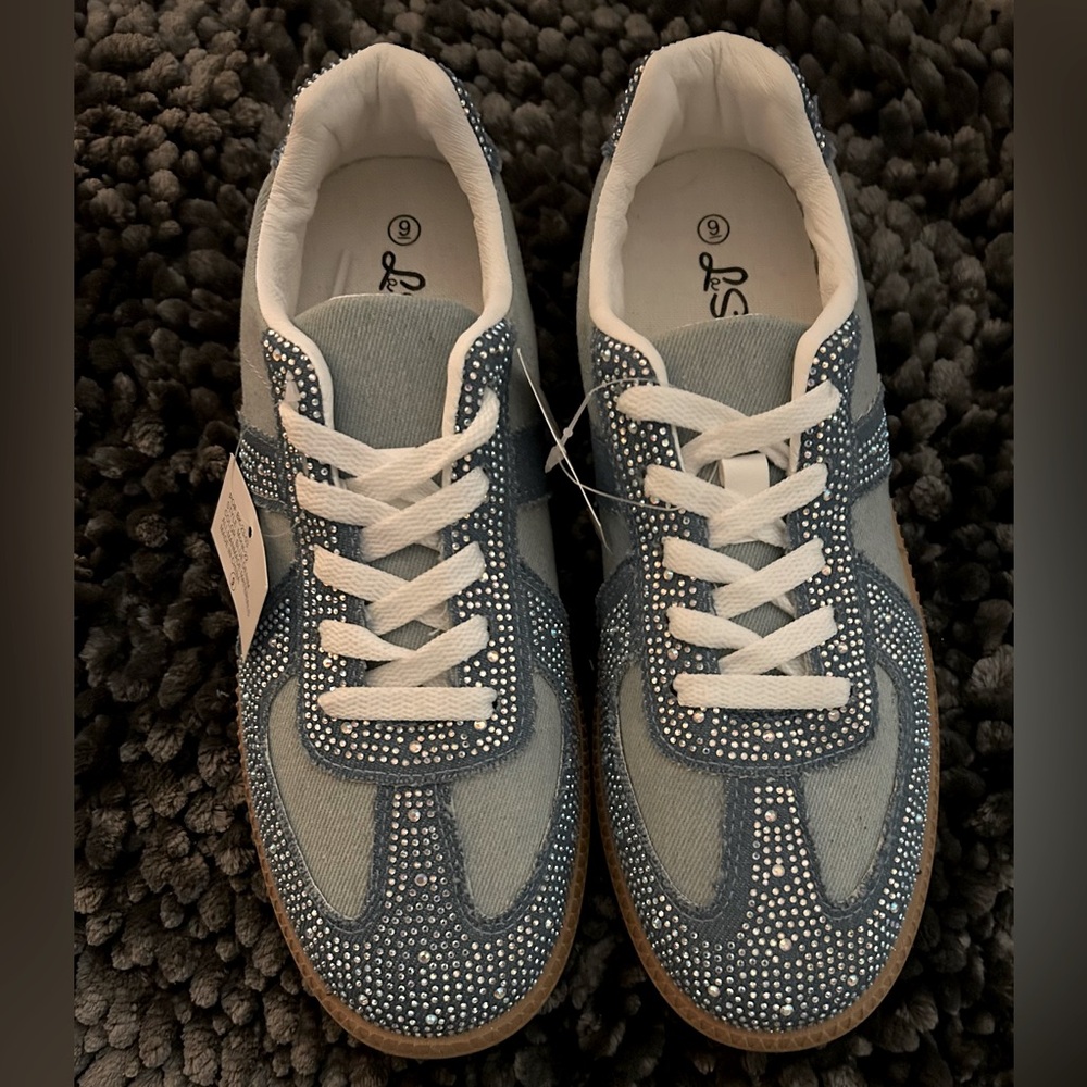 Brand New La Sheelah Rhinestone Crystals Denim Sneakers/Shoes Size 9